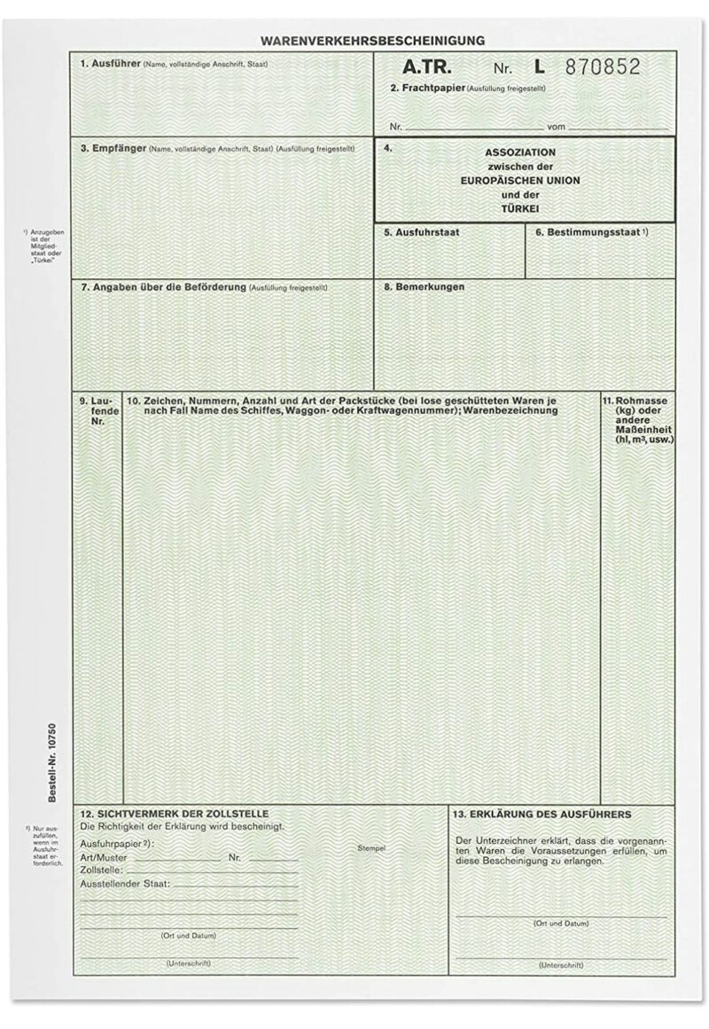 Formular E1 EUR. 1 / A.TR - Ausfuhrzoll - Ausfuhranmeldung